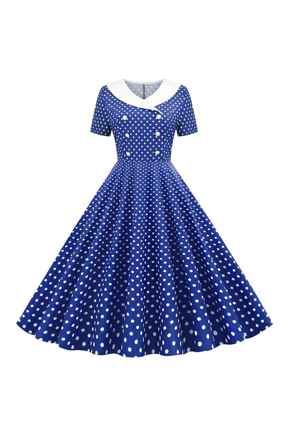 Women's Vintage Hepburn Style Short Sleeve V-Neck Polka Dot Print Button Detail High Waist Flared Hem Soft Formal Dress for Special Occasions