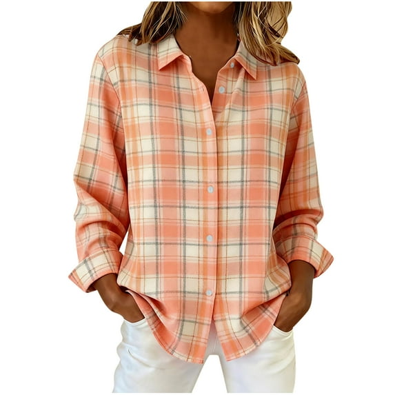Giftesty Women's Vintage Non-Positioned Plaid Print Turn-Down Collar Long Sleeve Button Front Stylish Casual Shirt Top for Daily Wear Office Commute