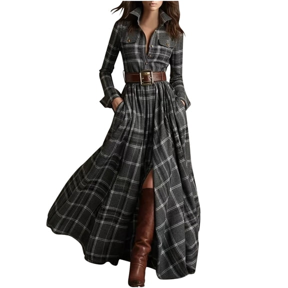 Giftesty Women's Vintage Plaid Asymmetrical Tie Waist Long Sleeve Lapel Button Pocket Maxi Dress With Belt For Daily Casual Wear