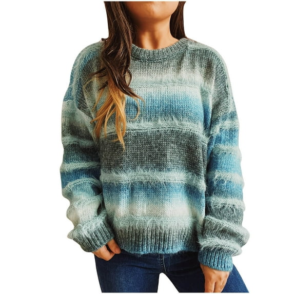 Giftesty Women's Winter Fall Gradient Color Striped Knitted Crew Neck Long Sleeve Loose Fit Soft Warm Comfortable Pullover Sweater for Daily Wear Casual Outings