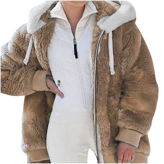 Giftesty Women's Winter Warm Fuzzy Loose Fit Hooded Zipper Soft Cozy Durable Casual Jacket Coat for Daily Wear Office Commute Outdoor Activities Cold Weather