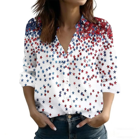 Giftesty Womens American Flag Star Print Button-Down Shirt, V-Neck Long Sleeve Casual Blouse for Independence Day