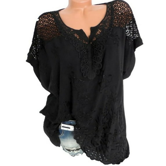 Giftesty Womens Blouses and Tops Clearance Women Plus Size Short Sleeves V-Neck Hollow Out Solid Casual Blouse Top Pullover Tops Short Sleeve Blouses Shirts
