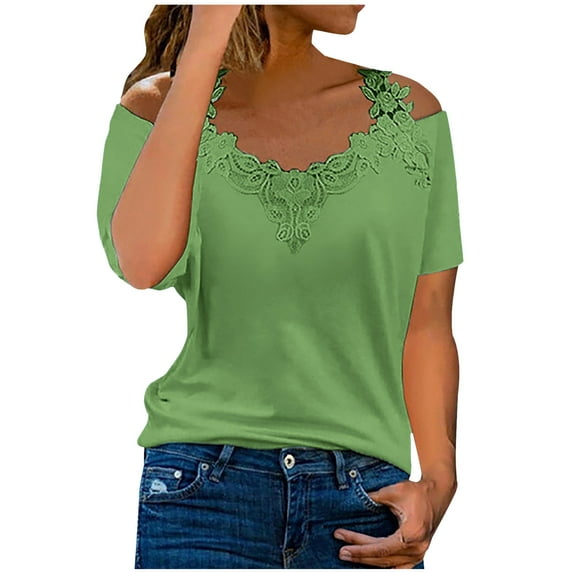 Giftesty Womens Blouses and Tops Fashion Women's Summer V-Neck Casual Lace Patchwork Solid Caims Blouse Top