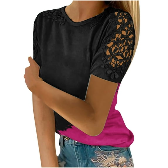 Giftesty Womens Blouses and Tops Women Casual Printing Round-Neck Lace Hollow Out Short Sleeve Pullover Slimming Blouse T-shirt Tops