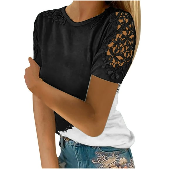 Giftesty Womens Blouses and Tops Women Casual Printing Round-Neck Lace Hollow Out Short Sleeve Pullover Slimming Blouse T-shirt Tops