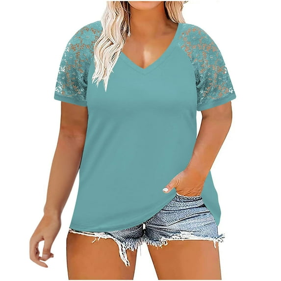 Giftesty Womens Blouses and Tops Clearance Women Casual T-shirt Plus Size Solid Color Lace V-Neck Loose Short Sleeve Pullover Blouse Tops