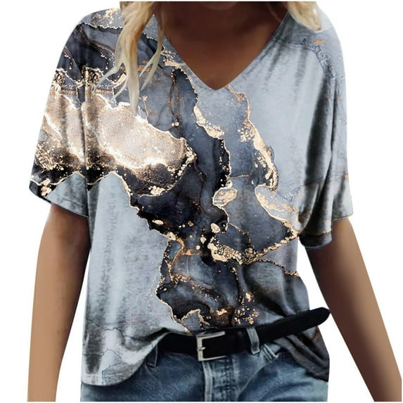 Giftesty Womens Blouses and Tops Clearance Women's Fashion Printing Casual V-Neck Short Sleeve Loose T-shirt Tops