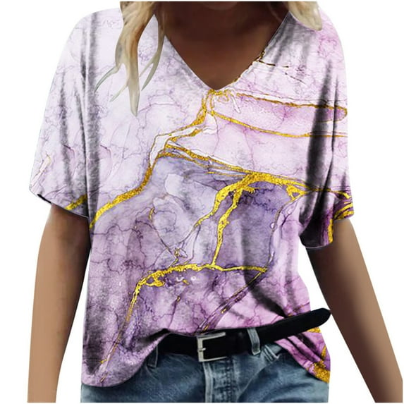 Giftesty Womens Blouses and Tops Clearance Women's Fashion Printing Casual V-Neck Short Sleeve Loose T-shirt Tops