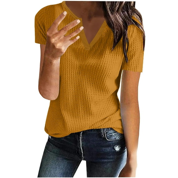 Giftesty Womens Blouses and Tops Women's Fashion Solid Color V-Neck Comfortable Loose T-shirt Short Sleeve Blouse Casual Tops