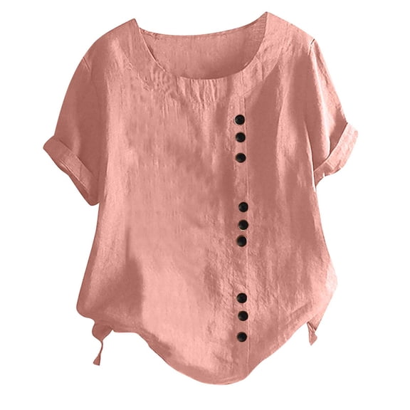 Giftesty Womens Blouses and Tops Women's Fashion Summer Round Neck Leisure Short Sleeve Solid Buttons Tops