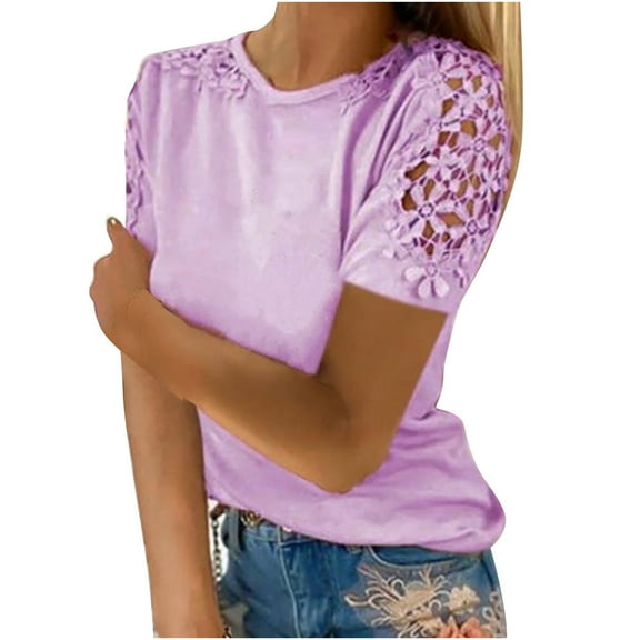 Giftesty Womens Blouses and Tops Women's Fashion Summer Round Neck Leisure Short Sleeve Solid Color Lace Stitching Tops