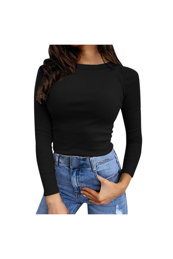 Giftesty Womens Bottom T-Shirts Women's Fall Fashion Long Sleeve Stretch Slim Fitted Ribbed T-Shirt Blouse Solid Basic Tops