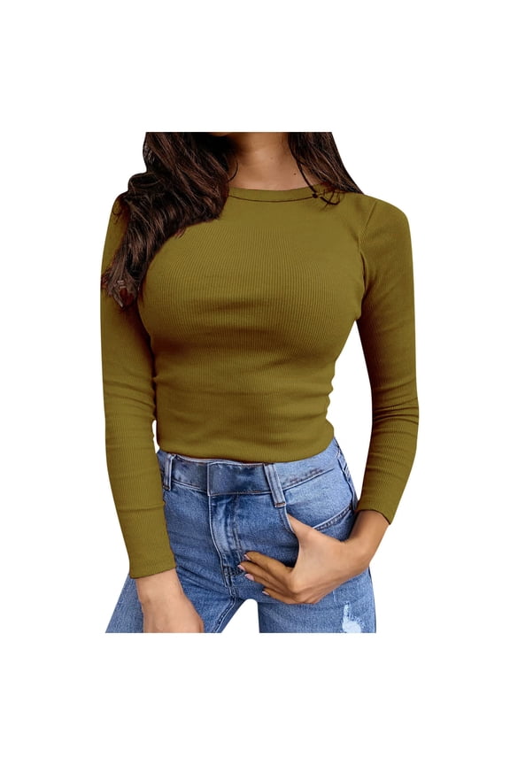 Giftesty Womens Bottom T-Shirts Women's Fall Fashion Long Sleeve Stretch Slim Fitted Ribbed T-Shirt Blouse Solid Basic Tops