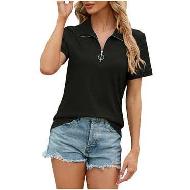 Giftesty Womens Casual Shirts Clearance Womens Fashion Print Tops Short Sleeve Turndown Colllar Shirt Zipper Tops