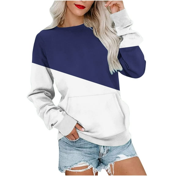 Giftesty Womens Casual Tops Loose Patchwork Splicing Long Sleeved Round Neck Tops with Pocket