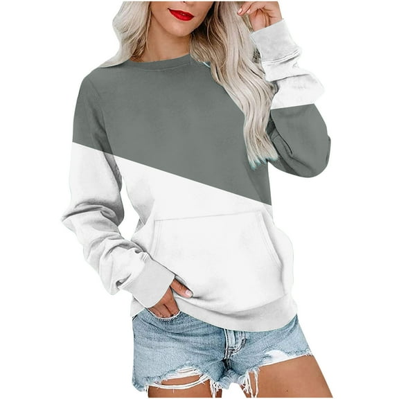 Giftesty Womens Casual Tops Loose Patchwork Splicing Long Sleeved Round Neck Tops with Pocket
