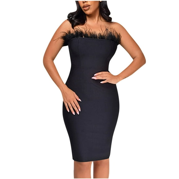 Inleife Womens Dresses Women Backless Sleeveless Dress Strapless Feather Slim Buttocks Wrapped Dress