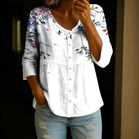 Giftesty Womens Floral Print Button Down Shirts V Neck 3/4 Sleeve Casual Blouse, Loose Fit Flowy Spring Summer Shirts Tops