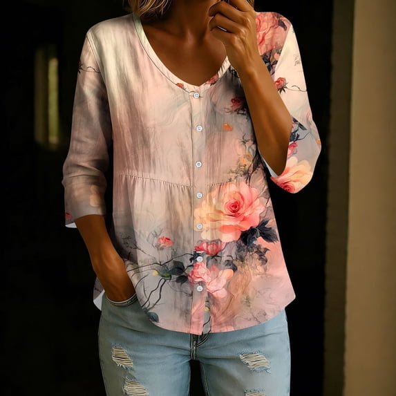 Giftesty Womens Floral Print Button Down Shirts V Neck 3/4 Sleeve Casual Blouse, Loose Fit Flowy Spring Summer Shirts Tops