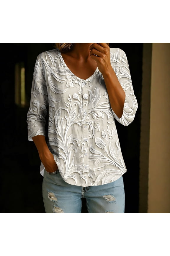 Womens Floral Print Button Down Shirts V Neck 3/4 Sleeve Casual Blouse, Loose Fit Flowy Spring Summer Shirts Tops