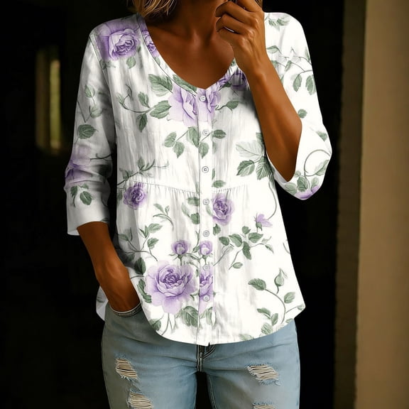 Giftesty Womens Floral Print Button Down Shirts V Neck 3/4 Sleeve Casual Blouse, Loose Fit Flowy Spring Summer Shirts Tops
