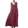 thumbnail image 1 of Giftesty Womens Full-Length Dresses Plus Size Clearance Women's New Summer Loose Pleated Fashionable Sleeveless Solid Color Cotton Linen Dress Sleeveless V-Neck And Ankle Dress, 1 of 5