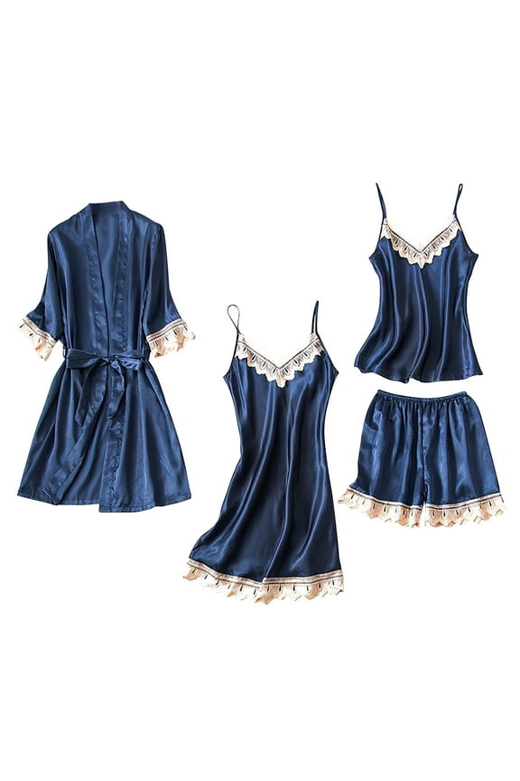 Giftesty Womens Homewear Pajamas Women's Satins Silk Nightwear Tank Tops Shorts Dress Robes Four-Piece Pajamas Sets