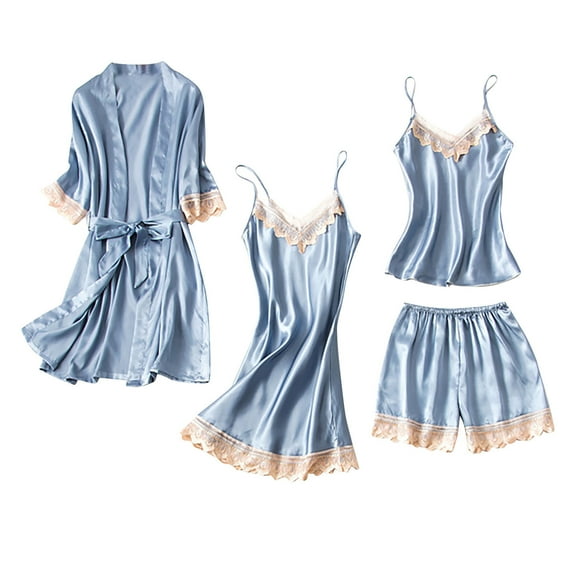 Giftesty Womens Homewear Pajamas Women's Satins Silk Nightwear Tank Tops Shorts Dress Robes Four-Piece Pajamas Sets