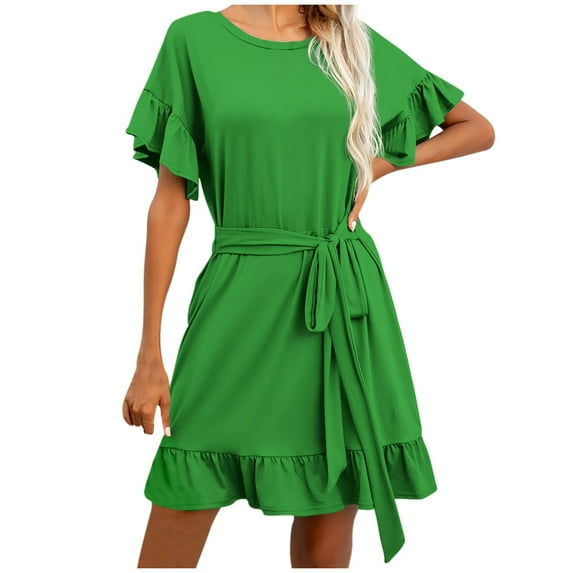 Giftesty Womens Knee-High Dresses Plus Size Clearance, Womens Casual Short Sleeve Summer Waist Tie Double Layer Ruffle Round-Neck Bandage Tunic Solid Dress