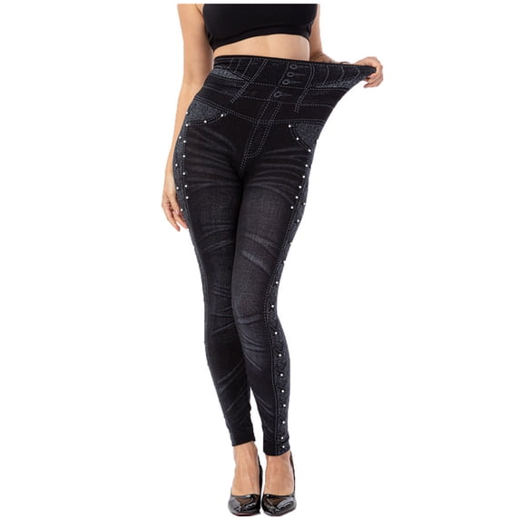 Giftesty Womens Pants Clearance Fashion Women Print Casual High Waist Imitation Denim Leggings Elastic Slim Hip Ninth Pants