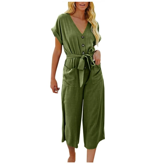 Giftesty Womens Pants Clearance!Fashion Women's Casual Solid Color Short Sleeve Pocket Lace Up Loose Rompers Jumpsuit