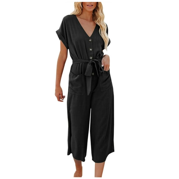 Giftesty Womens Pants Clearance!Fashion Women's Casual Solid Color Short Sleeve Pocket Lace Up Loose Rompers Jumpsuit