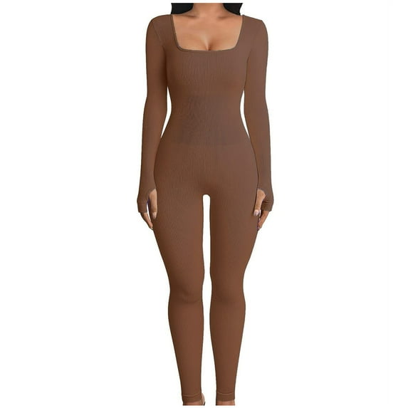 Giftesty Womens Pants Clearance!Jumpsuits for Women Long Sleeves Solid Color Square Collar Sports Elastic Pants Romper Pants