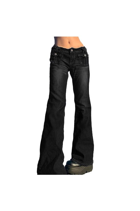 Womens Pants Clearance!Women Amekaji Overall Jeans High Waist fork Bottom Washed Multi-Pocket Button Denim Pants