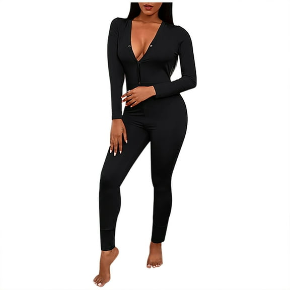 Giftesty Womens Pants Clearance!Women Casual Deep-V Solid Button Romper Long Playsuit Strap Jumpsuit