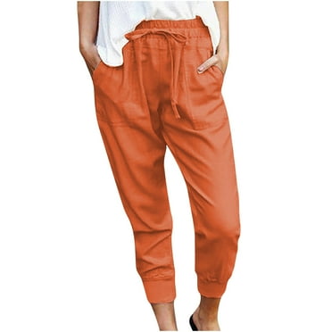 Giftesty Womens Pants Clearance!Women Casual Solid Cotton Linen Drawstring Elastic Waist Calf-Length Pencil Pants