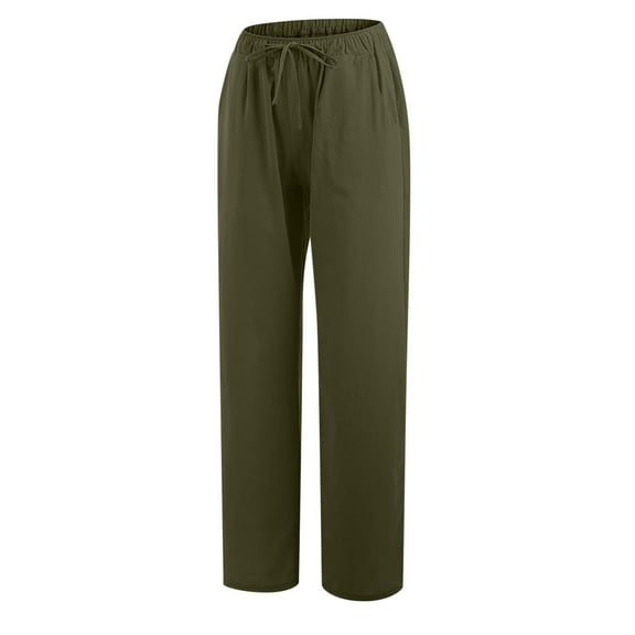 Giftesty Womens Pants Women Casual Solid Cotton Linen Drawstring Elastic Waist Long Wide Leg Pants