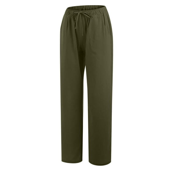 Giftesty Womens Pants Women Casual Solid Cotton Linen Drawstring Elastic Waist Long Wide Leg Pants