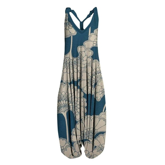 Giftesty Womens Pants Clearance Women Casual Vintage Print Backless V-Neck Sleeveless Playsuit Jumpsuit