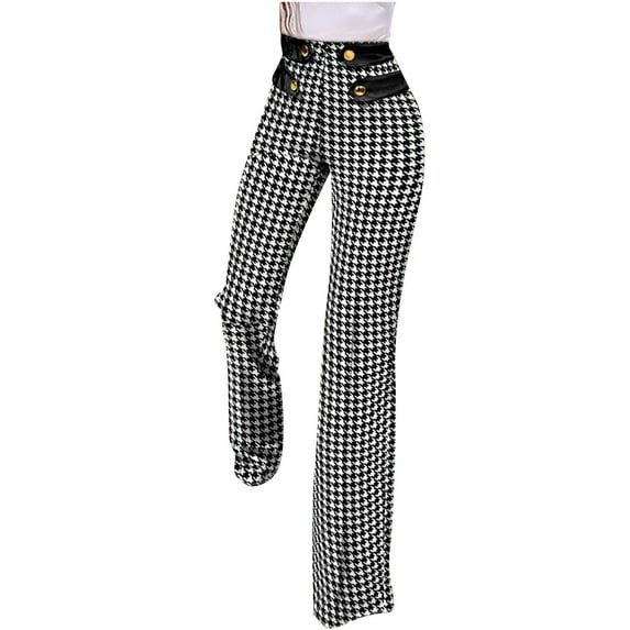 Giftesty Womens Pants Women Fashion Casual Plaid Print Button Straight Slim Fit Suit Pants