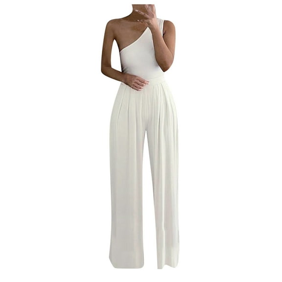 Giftesty Womens Pants Clearance!Womens Fashion Wide Leg Pants Polka Dot Striped Printed One-shoulder Jumpsuits