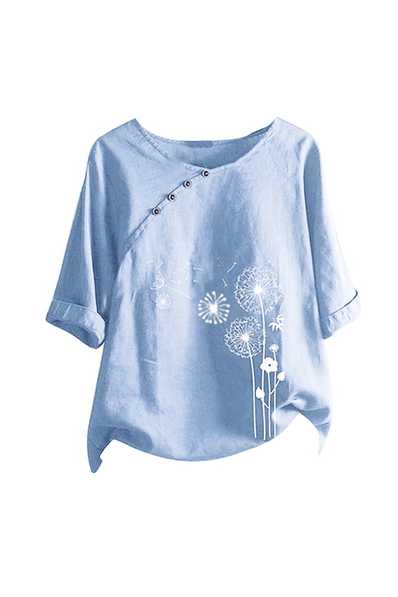 Womens Plus Size Fashion Women Casual Button Floral Print O-Neck Short Sleeve T-Short Blouse Tops