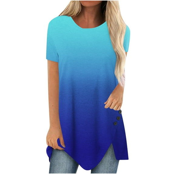 Giftesty Womens Plus Size Women Button Printed Round Neck Short Sleeve Irregular T-Shirt Blouse Tops
