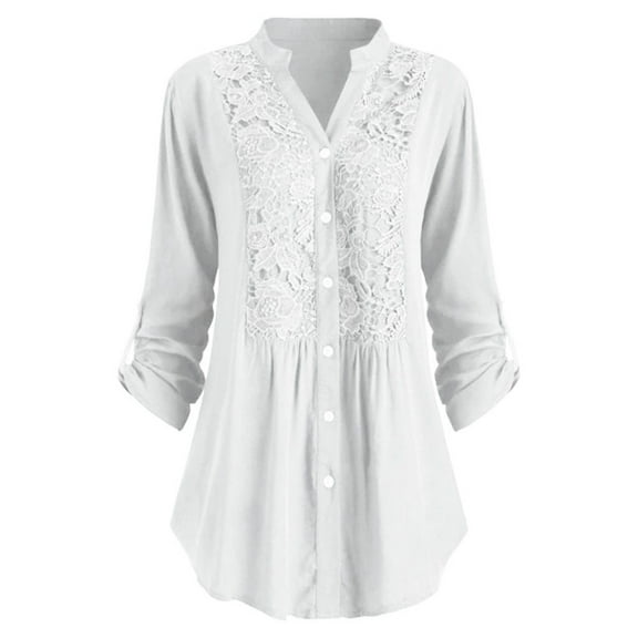 Giftesty Womens Plus Size Women Ladies Large Size Button Lace V Neck Long Sleeve Shirt Blous