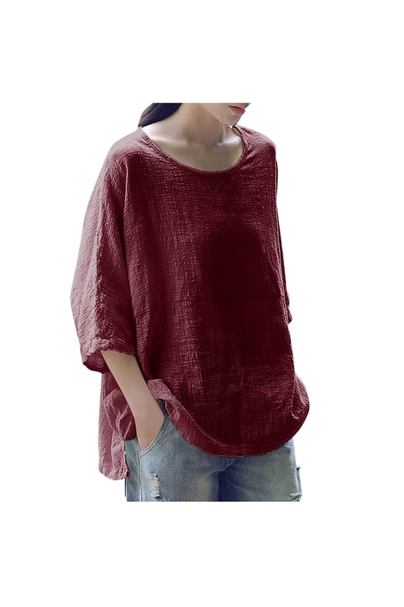Womens Plus Size Women O-Neck Solid Three Quarter Sleeve Cotton Tops Blouse T-shirt