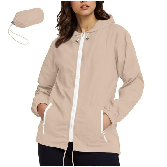 Inleife Rainproof Jacket for Women Waterproof And Zipper Solid Color Rain Jacket Outdoor Hooded Windproof Loose With Pocket Coat