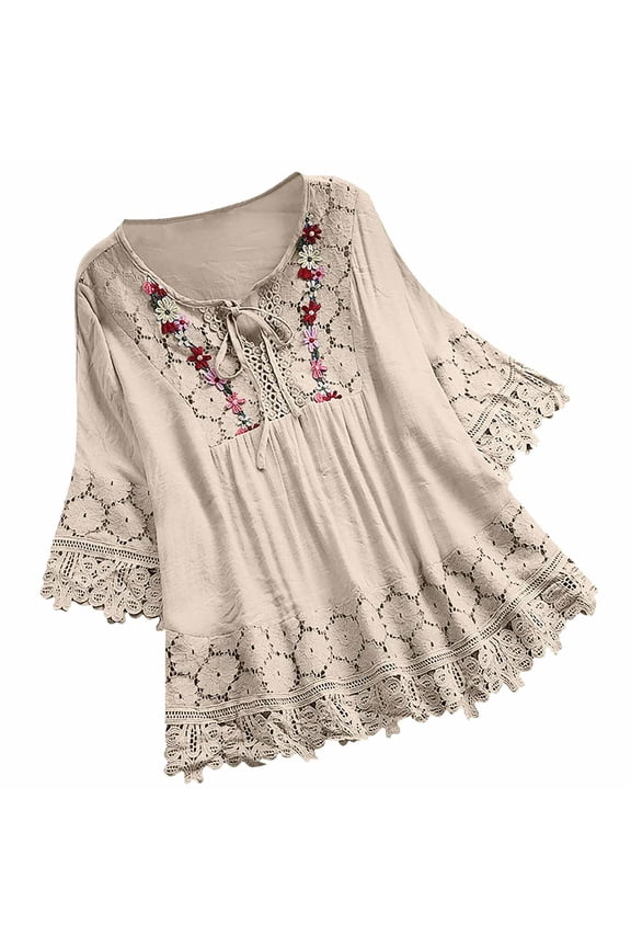 Womens Plus Size Women Vintage Lace Patchwork Bow V-Neck Three Quarter Blouses Top T-Shirt