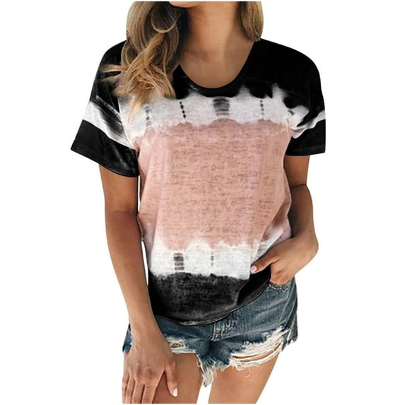 Giftesty Womens Plus Size Clearance Women's Color Block Tie-Dye Patchwork Crew-Neck T-Shirt Casual Tee Tops