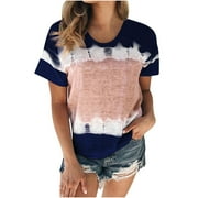 Giftesty Womens Plus Size Clearance Women's Color Block Tie-Dye Patchwork Crew-Neck T-Shirt Casual Tee Tops（S-5XL）